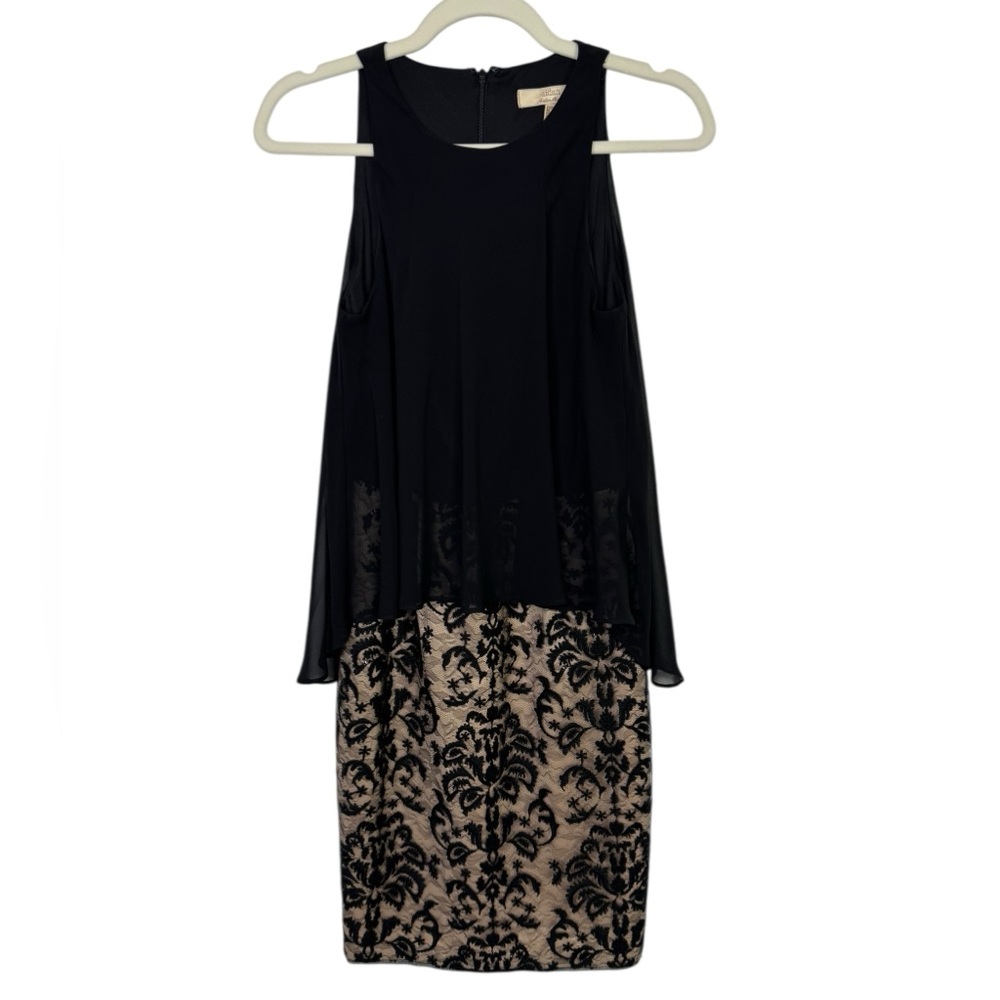 Aidan Mattox Sleeveless Brocade Lace Cocktail Dress Chiffon Overlay Glam Goth